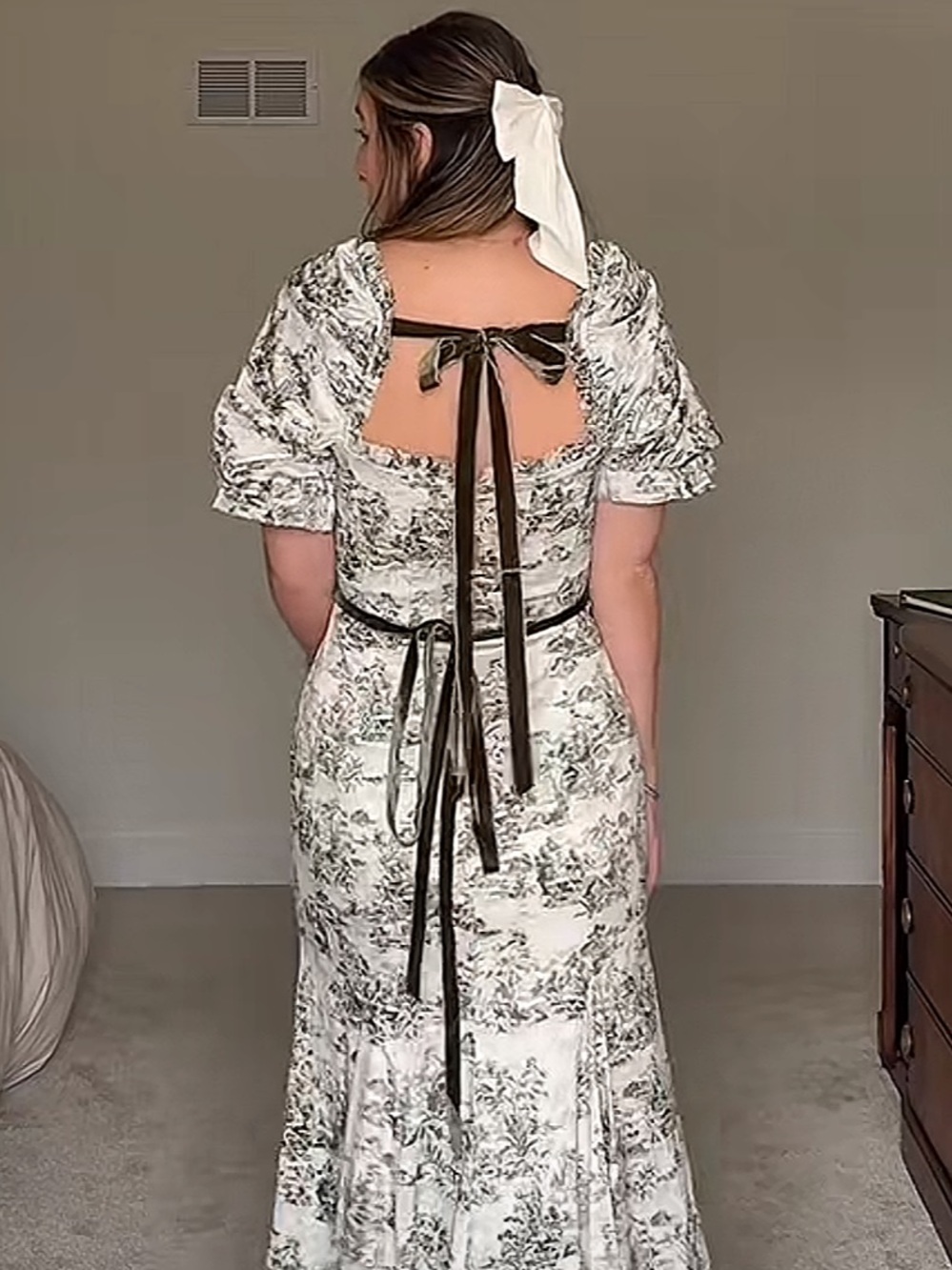 ANTONIO MELANI Ivory Maxi Dress with Olive Toile Print and Velvet Trim - Picture 13 of 13